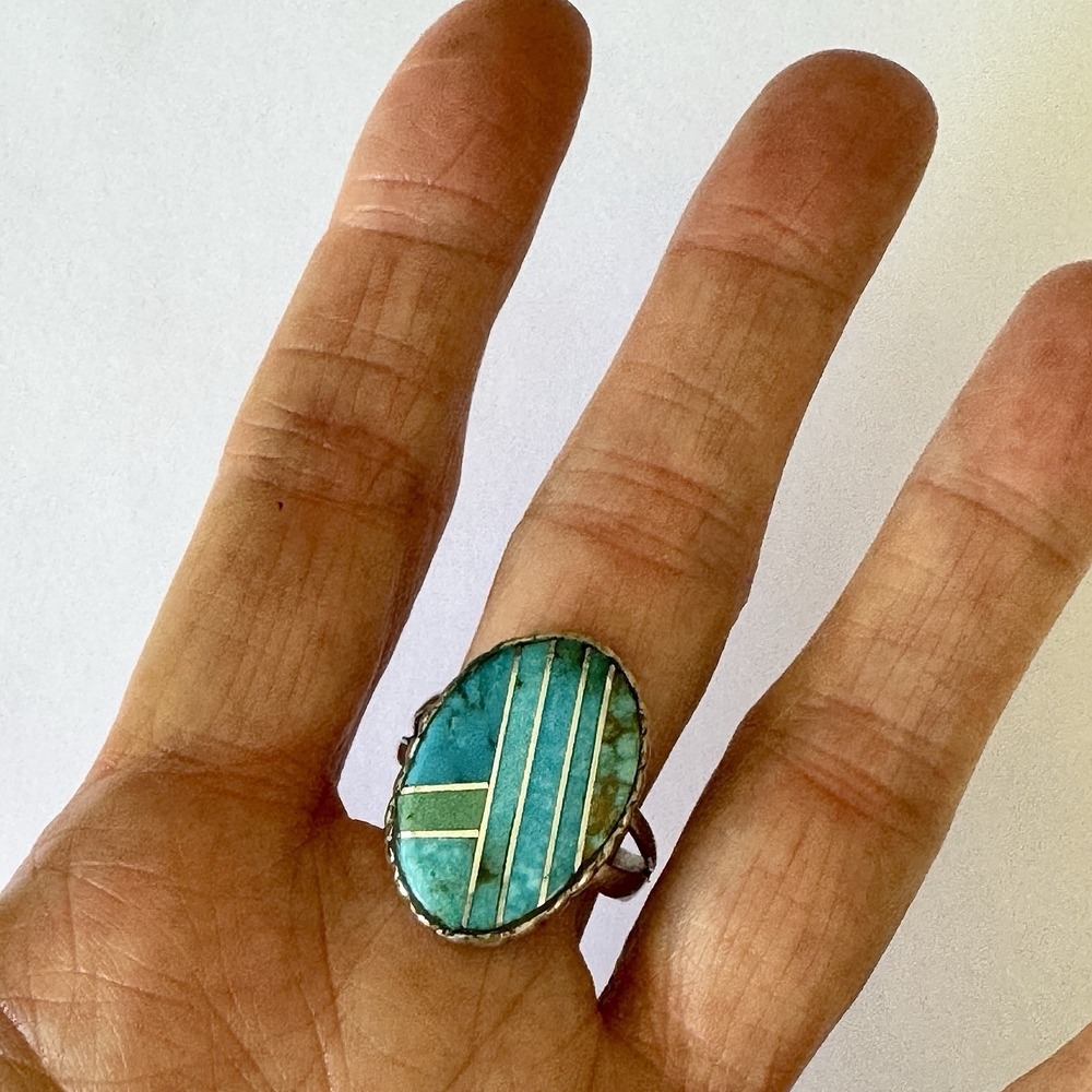 Navajo Ring Sz 11 Mixed Turquoise Inlay Signed D Noble Sterling Native American - Picture 2 of 9